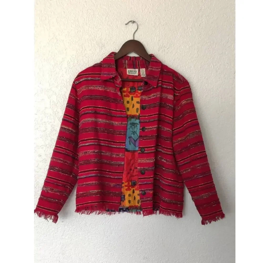 Vintage Chico's Red Button Front Artsy Jacket‎ Silk Blend Size M